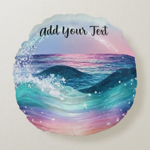 Custom Watercolor Blue Ocean Wave Photo with Name Round Cushion