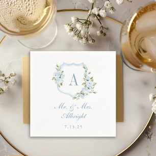Custom Watercolor Blue Roses Floral Crest Wedding Napkin