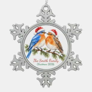 Custom Watercolor Bluebird Robin Snowflake Pewter Christmas Ornament