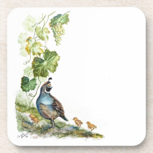 Custom Watercolor California Quail Family Grapes Coaster