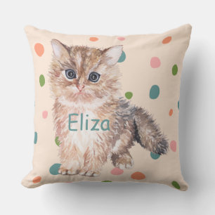Custom watercolor cat polka dots nursery pink kids cushion