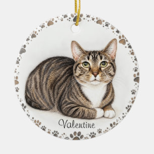 Custom Watercolor Cat Portrait with Paw Print Bord Ceramic Tree Decoration
