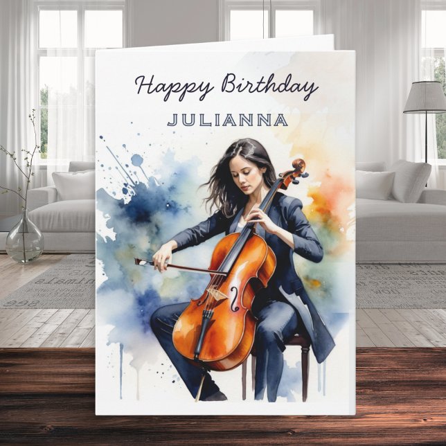 Custom Watercolor Cellist Musician Happy Birthday Card (A personalized birthday card with a watercolor style picture of a woman playing the cello)