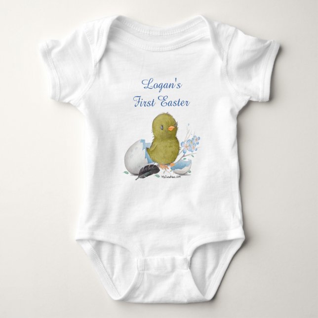 Custom Watercolor Chick Egg First Easter Boy Baby Bodysuit (Front)