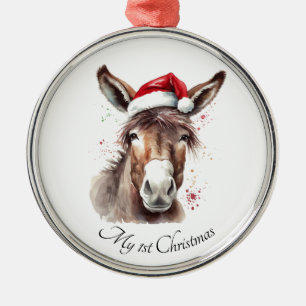 Custom Watercolor Christmas Donkey Santa Hat Metal Tree Decoration