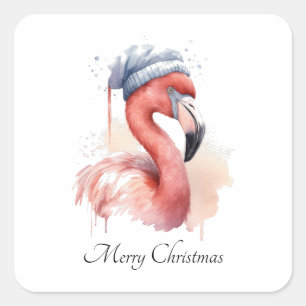 Custom Watercolor Christmas Flamingo Santa Hat Square Sticker