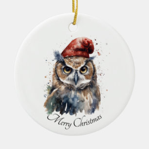 Custom Watercolor Christmas Owl with Red Santa Hat Ceramic Tree Decoration