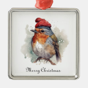 Custom Watercolor Christmas Robin Red Winter Hat Metal Tree Decoration