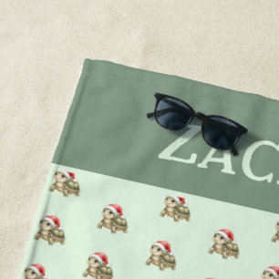 Custom Watercolor Christmas Tortoise Santa Hat Beach Towel