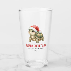 Custom Watercolor Christmas Tortoise Santa Hat Glass