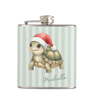 Custom Watercolor Christmas Tortoise Santa Hat Hip Flask