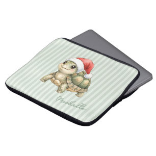 Custom Watercolor Christmas Tortoise Santa Hat Laptop Sleeve