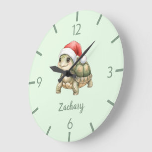 Custom Watercolor Christmas Tortoise Santa Hat Large Clock