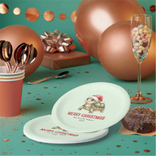 Custom Watercolor Christmas Tortoise Santa Hat Paper Plate