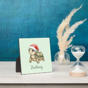 Custom Watercolor Christmas Tortoise Santa Hat Plaque