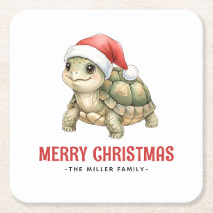 Custom Watercolor Christmas Tortoise Santa Hat Square Paper Coaster