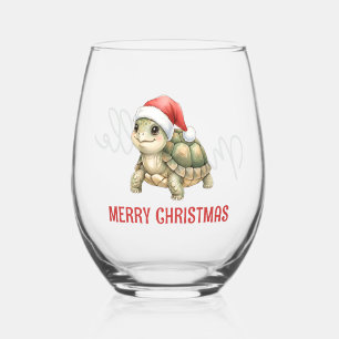 Custom Watercolor Christmas Tortoise Santa Hat Stemless Wine Glass