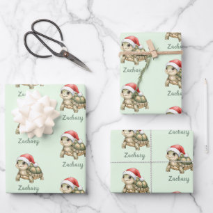 Custom Watercolor Christmas Tortoise Santa Hat Wrapping Paper Sheet