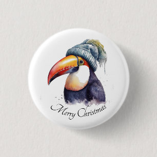 Custom Watercolor Christmas Toucan Winter Knit Hat 3 Cm Round Badge