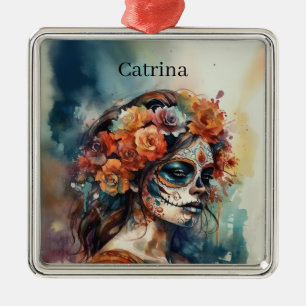 Custom Watercolor Día de los Muertos Catrina Metal Tree Decoration