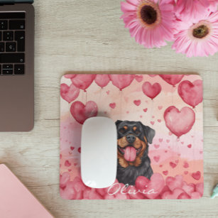 Custom Watercolor Dog Valentine's Day Pink Hearts Mouse Mat