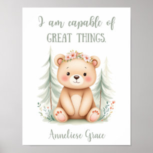 Custom Watercolor Feminine Bear Woodland Nursery Poster