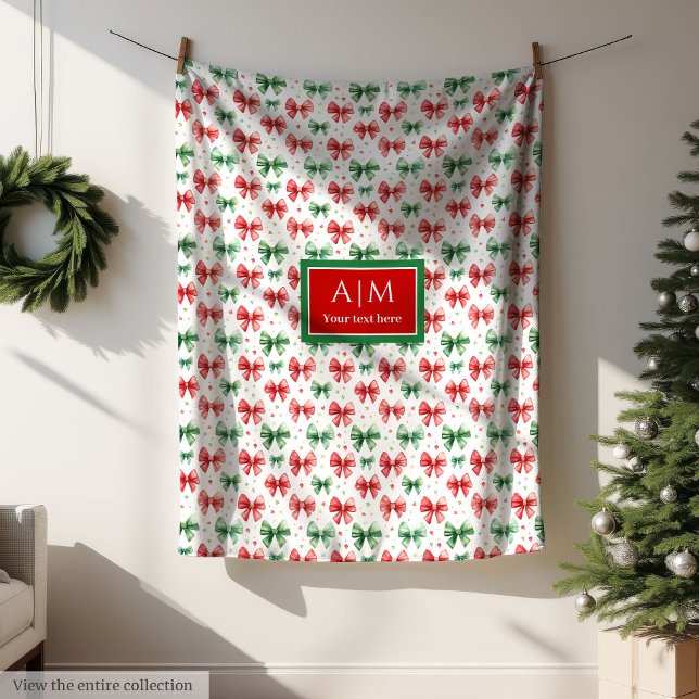 Custom watercolor festive red green bows Christmas Fleece Blanket (Custom watercolor festive red green bows Christmas Fleece Blanket)