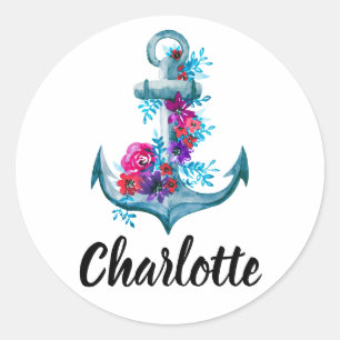 Custom Watercolor Floral Anchor Illustration Classic Round Sticker