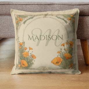 Custom Watercolor Floral Monogram Vintage Poppies Cushion