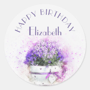 Custom Watercolor Flowers Hearts Birthday Classic Round Sticker