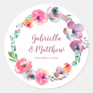 Custom Watercolor Flowers Modern Elegant Wedding Classic Round Sticker