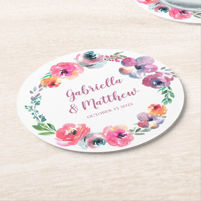 Custom Watercolor Flowers Modern Elegant Wedding  Round Paper Coaster (Angled)