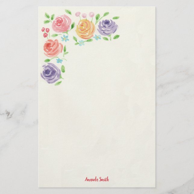 Custom Watercolor Flowers Stationery (Front)