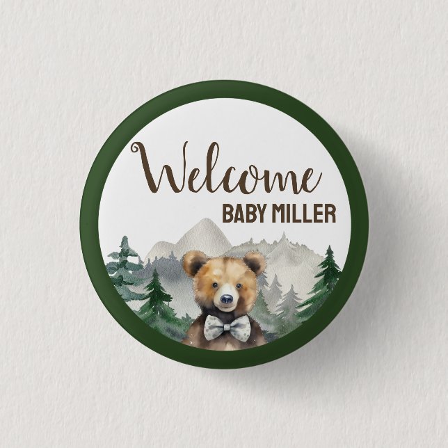 Custom Watercolor Forest, Teddy Bear, Baby Shower 3 Cm Round Badge (Front)