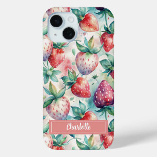 Custom Watercolor Fresh Strawberries iPhone 15 Case
