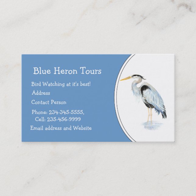 Custom Watercolor Great Blue Heron Bird Business Business Card (Front)