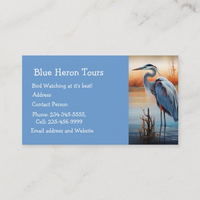 Custom Watercolor Great Blue Heron Bird Business Business Card (Front)