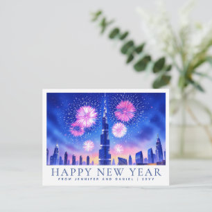 Custom Watercolor Happy New Year Dubai Fireworks Postcard
