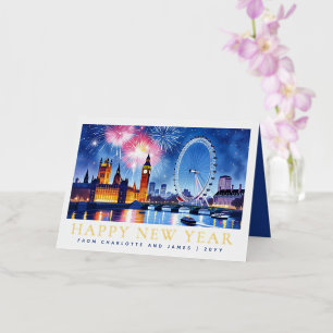 Custom Watercolor Happy New Year London Fireworks Foil Holiday Card