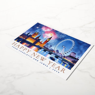 Custom Watercolor Happy New Year London Fireworks Foil Holiday Card