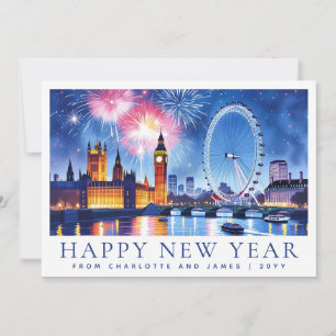Custom Watercolor Happy New Year London Fireworks Holiday Card