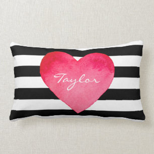 CUSTOM WATERCOLOR HEART ON BLACK AND WHITE STRIPES LUMBAR CUSHION