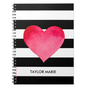 CUSTOM WATERCOLOR HEART ON BLACK AND WHITE STRIPES NOTEBOOK