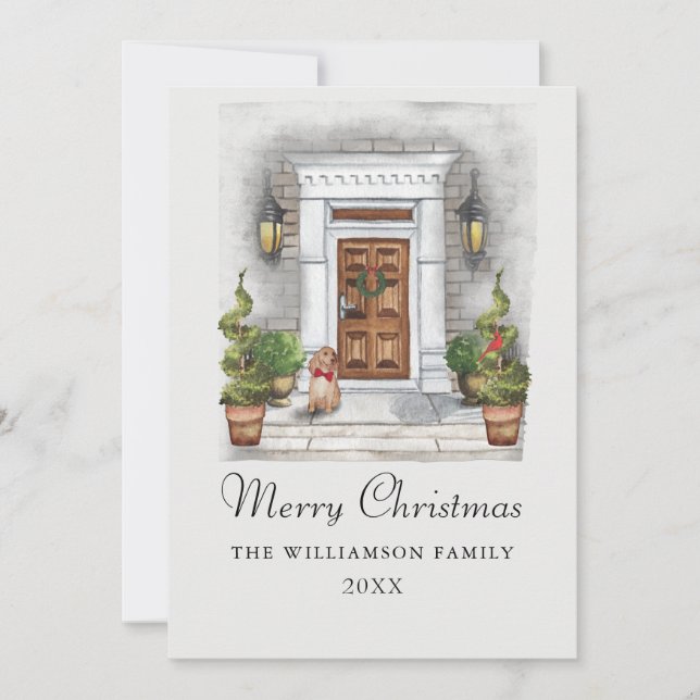 Custom Watercolor House and Dog Christmas  Holiday Card (Front)