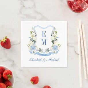 Custom Watercolor Hydrangea Floral Crest Wedding Napkin