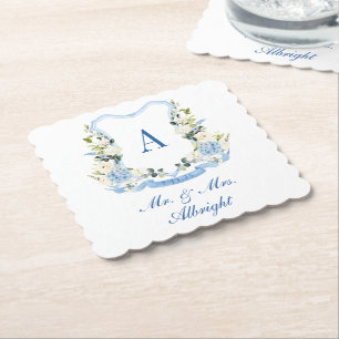 Custom Watercolor Hydrangea Floral Crest Wedding Paper Coaster