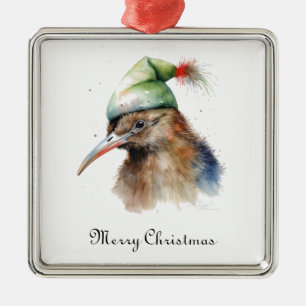 Custom Watercolor Kiwi Bird Christmas Green Elf Metal Tree Decoration