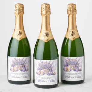 Custom Watercolor Lavender Brunch Birthday Sparkling Wine Label