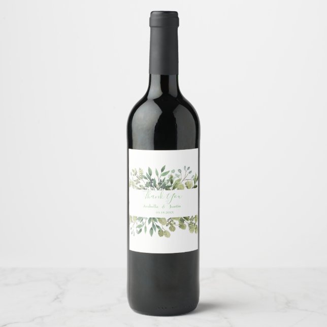Custom  Watercolor Leaves White Wedding Thank You Wine Label (Front)