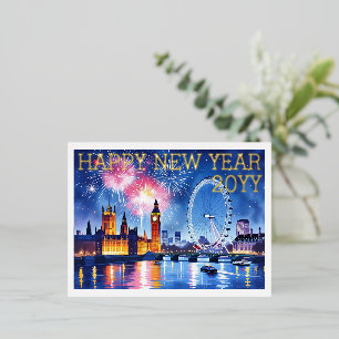 Custom Watercolor London Fireworks Happy New Year Foil Holiday Postcard